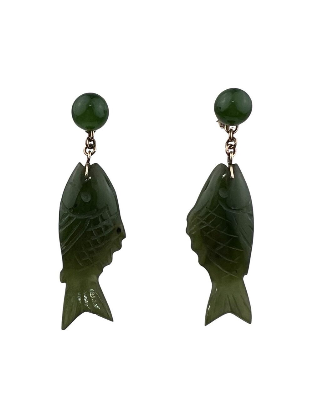 Vintage 14K Yellow Gold Jade Carved Fish Pierced Dangle Earrings